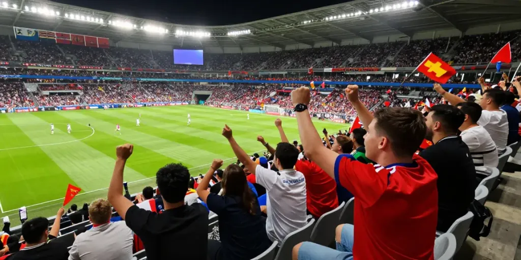 Gavangtv fans cheering passionately during a live football match at the stadium.