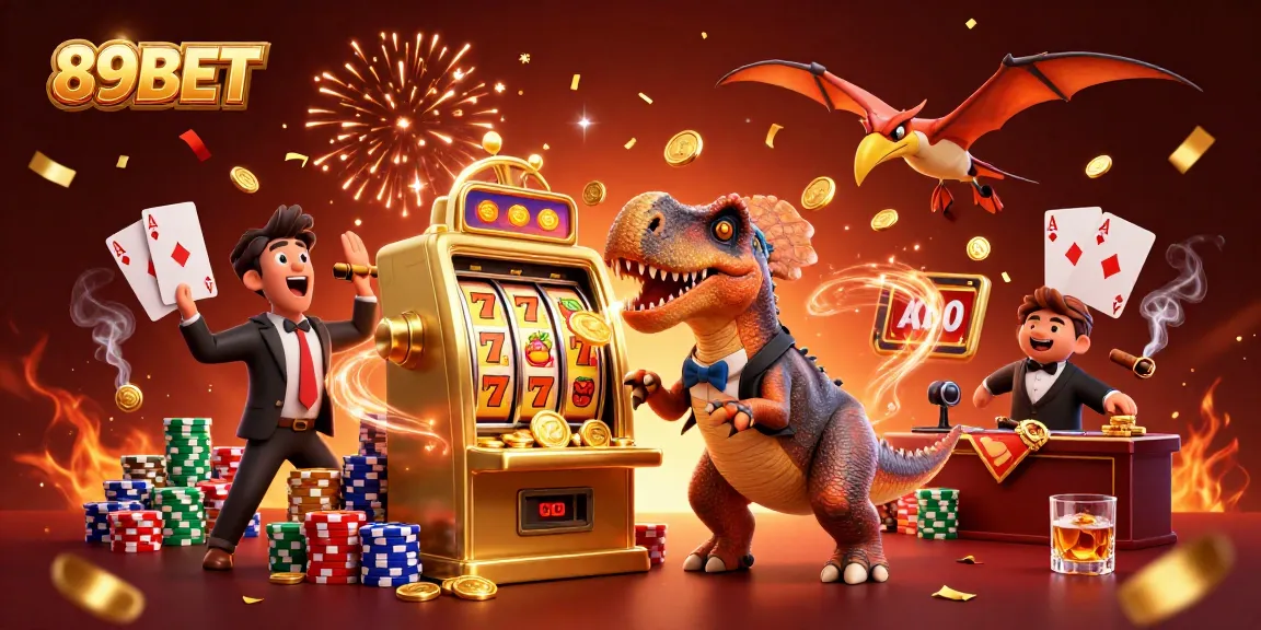 Witness the excitement of 89BET as three cartoon dinosaurs interact at a vibrant casino scene.