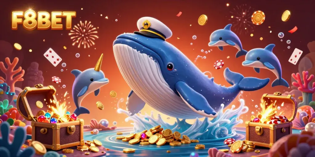 F8BET immerses players in vibrant 3D scene filled with playful marine life and casino symbols, celebrating gaming excitement.