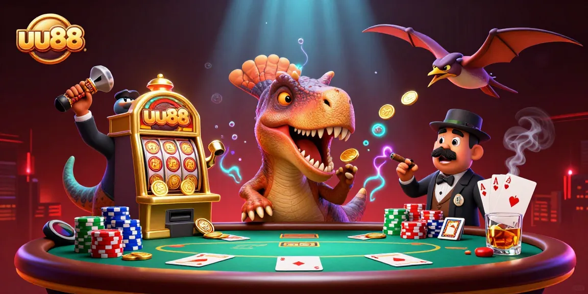Catch flying golden coins at uu88 as a dinosaur headbutts a slot machine in a dynamic casino scene.