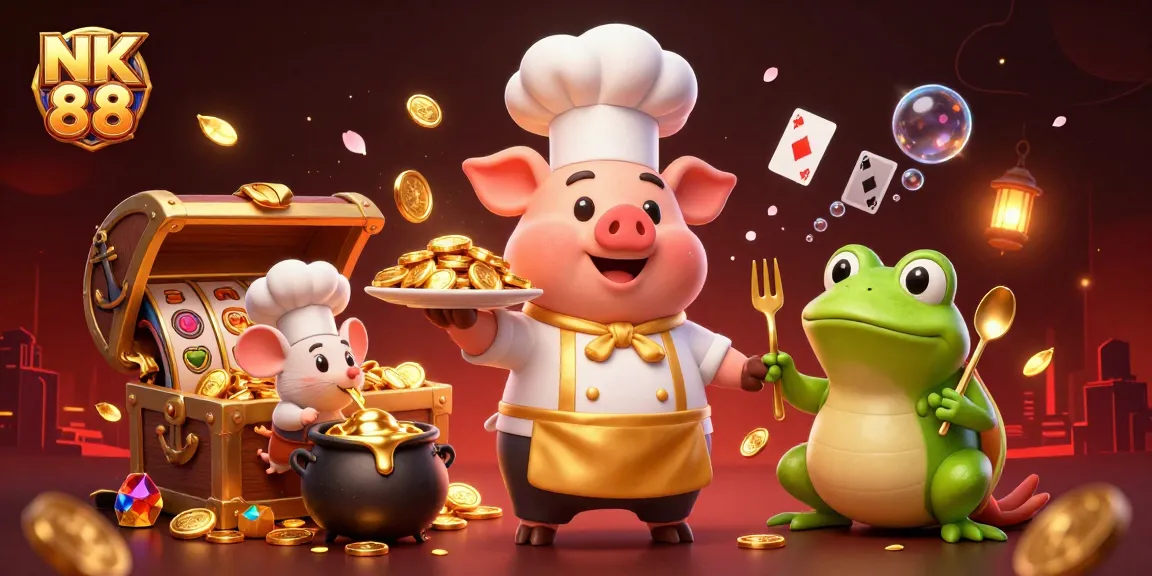 Experience the thrill of NK 88 with 3D characters showcasing golden coins, slots, and vibrant casino elements.
