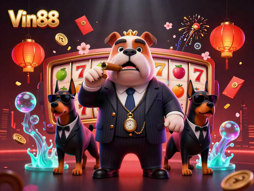 Experience thrilling gaming at Vin88 with a mafia boss and bodyguards amidst vibrant casino elements.