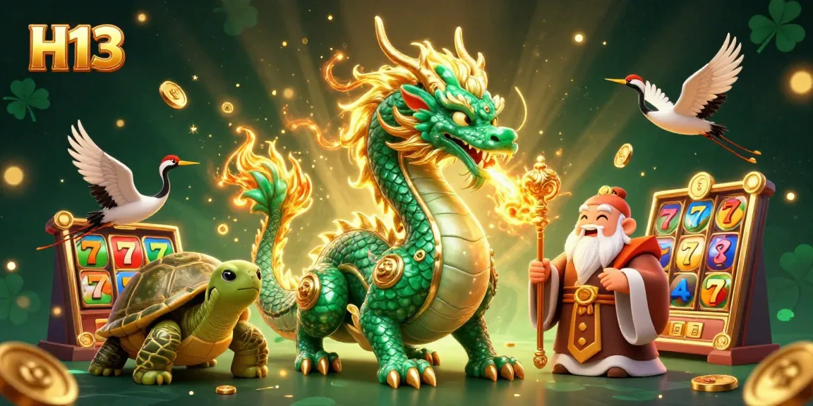 Immerse in the vibrant H13 online casino world with a dragon, sage, and cranes amidst fortune-themed games.