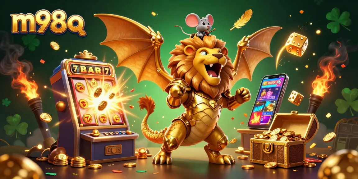 Experience dynamic gaming actions with m98 q showcasing a golden chimera and jackpot explosions in casino.