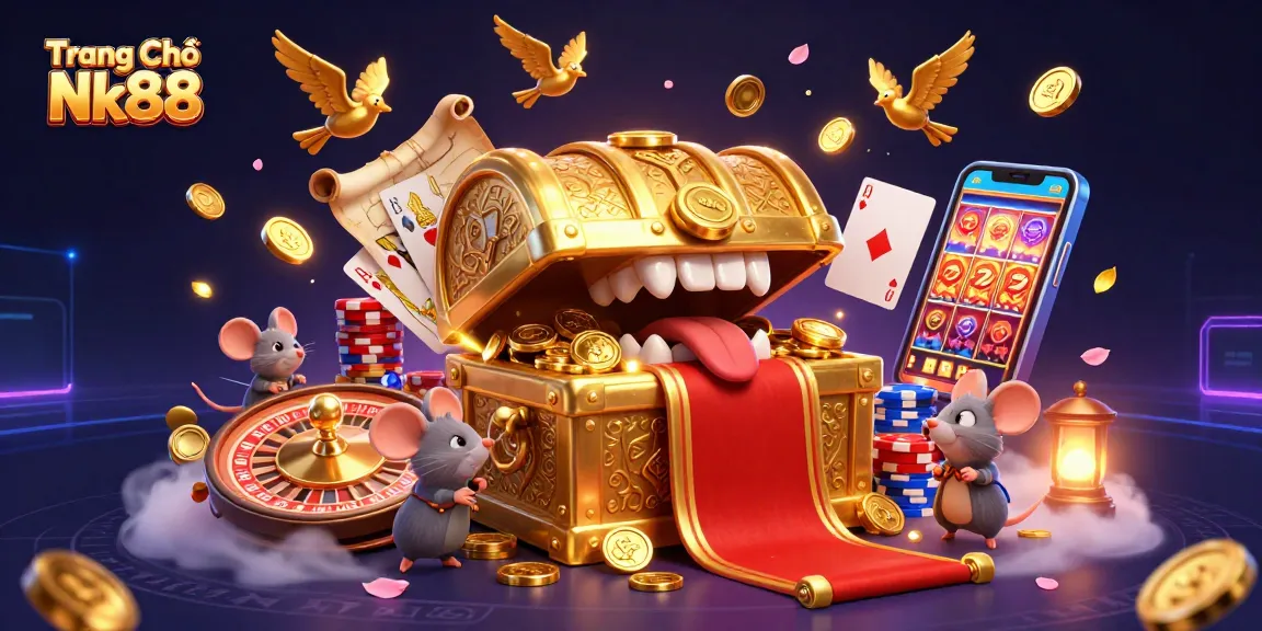 Experience the excitement at Trang Chủ Nk88 with a vibrant illustration of a golden treasure chest luring adventurer mice.