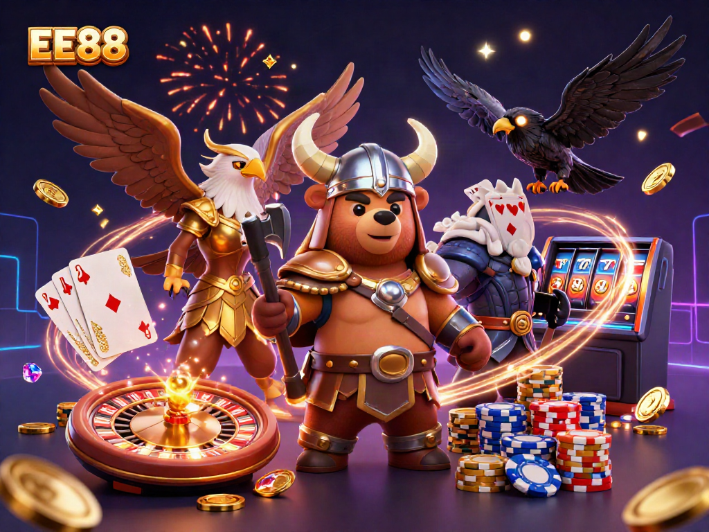Experience the thrill of EE88 with a Viking berserker, Valkyrie eagle, and casino elements in vibrant 3D.