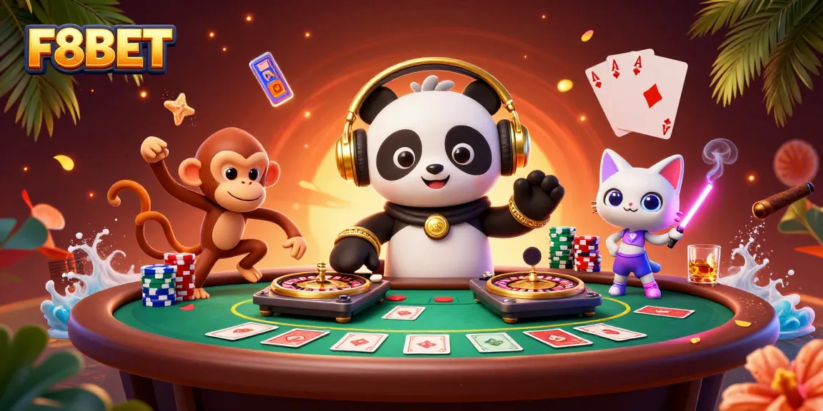 F8BET features lively casino characters enjoying gaming action in a vibrant, dynamic scene.