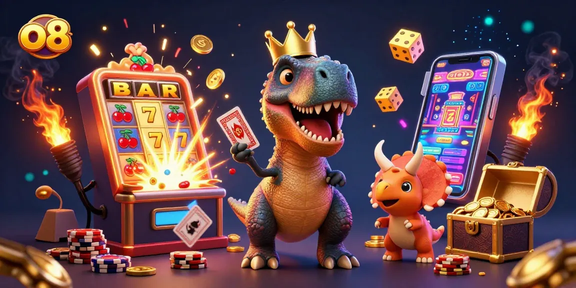 Experience the excitement of o8 as a T-Rex plays cards with vibrant casino elements and gold coins!