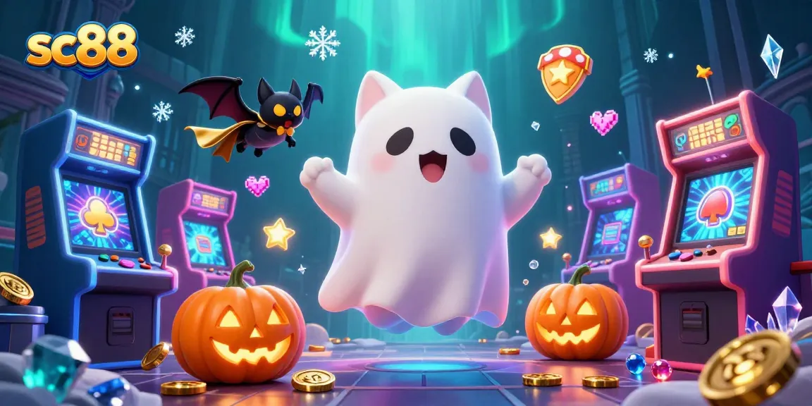Engage with the thrilling sc88 haunted casino scene featuring a ghost cat, vampire bat, and lively game elements.