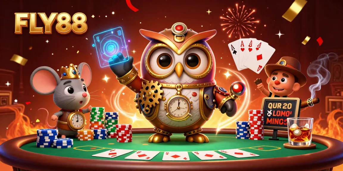 Experience the excitement at FLY88 with a vibrant 3D casino scene featuring unique characters and gaming elements.