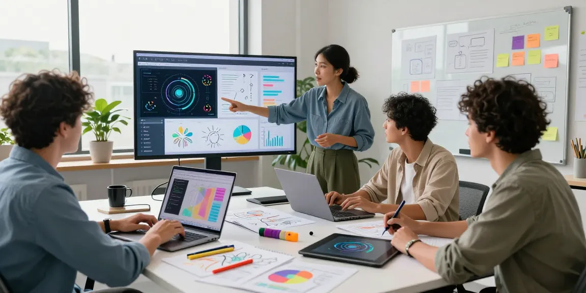 Engaging team collaborating in a modern workspace showcasing hot AI graphics and analytics.