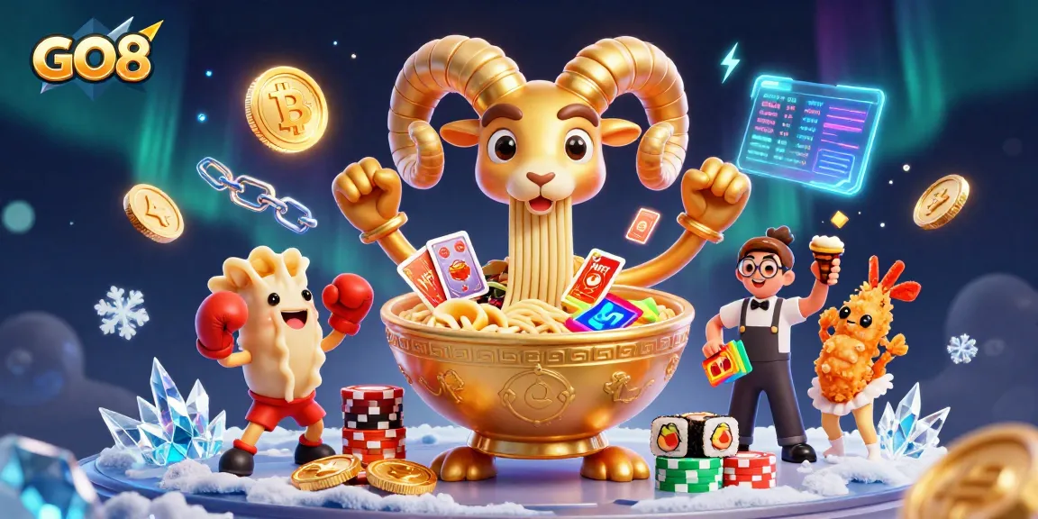 Experience GO8's thrilling games as a golden ramen bowl deals cards and stacks chips.