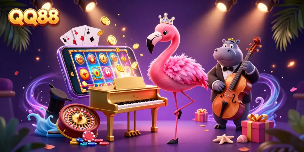 Experience the thrilling atmosphere of QQ88 with a vibrant casino scene featuring colorful games and lively characters.