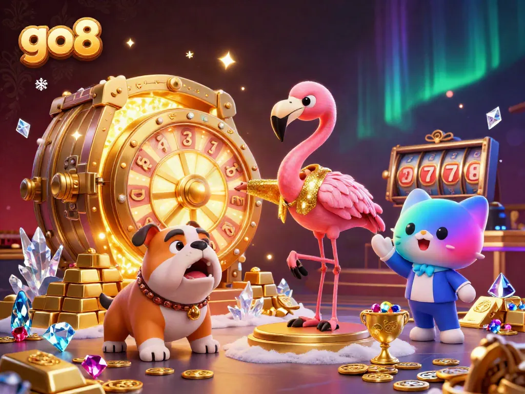 Experience the excitement at go8 as a flamingo spins a prize wheel, surrounded by a vibrant casino atmosphere.