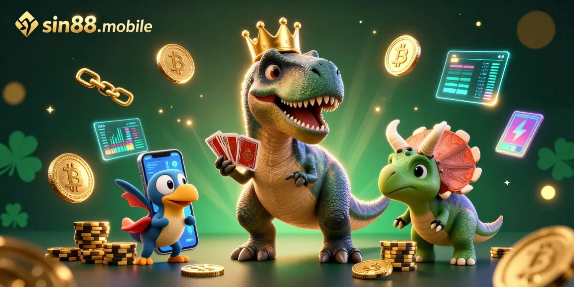 Experience premier gaming action with sin88-mobile as a T-Rex shuffles cards in a vibrant crypto casino.