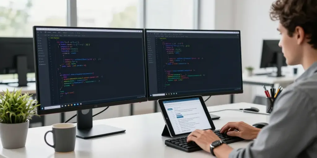 Developer coding on instant indexing in a modern office setup.