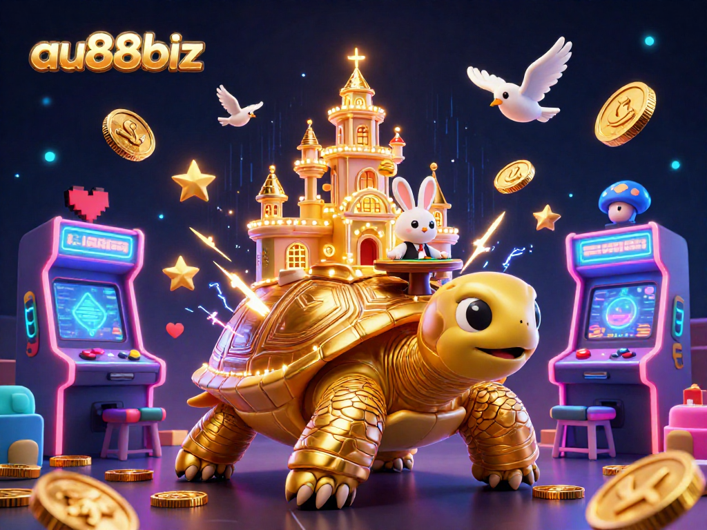Experience thrilling gameplay at au88biz with a vibrant casino scene featuring a golden tortoise and rabbit dealer.