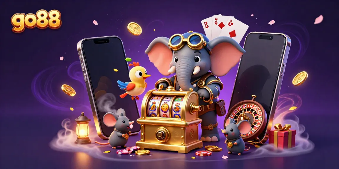 Play slot games with go88's 3D cartoon steampunk characters celebrating big wins in a lively casino atmosphere.