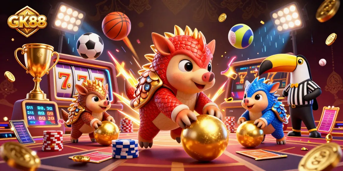 Play thrilling games at GK88 with dynamic pangolins rolling chips in a vibrant casino scene.