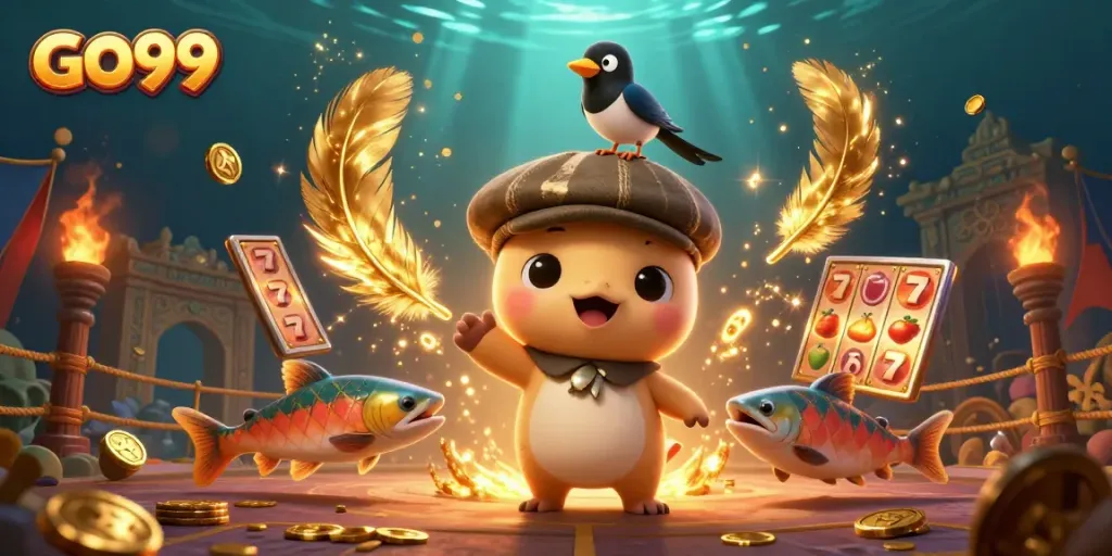 Engage in thrilling GO99 casino action with a vibrant 3D illustrated scene featuring lucky symbols, tokens, and characters.
