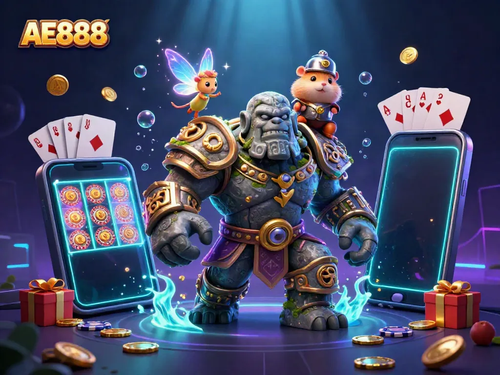 Experience the vibrant AE888 online casino with animated characters and casino elements.