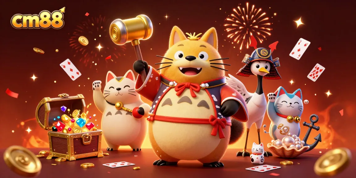 Engage with cm88's casino excitement as cheerful characters play among coins and cards.