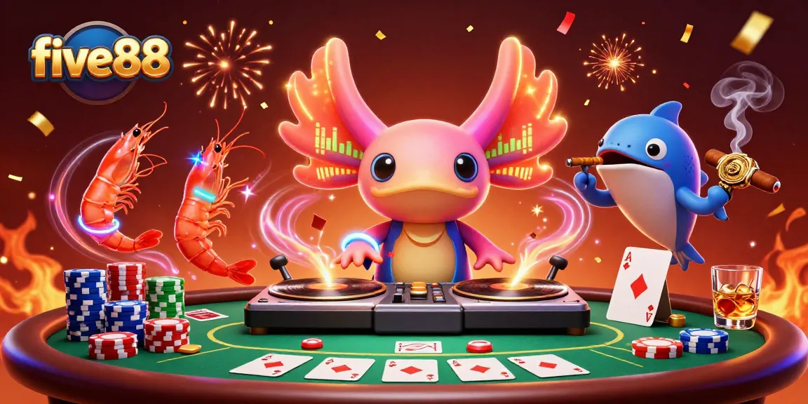 Engage with five88: A vibrant casino scene showcasing a lively axolotl DJ and shrimp dancers at a poker table.
