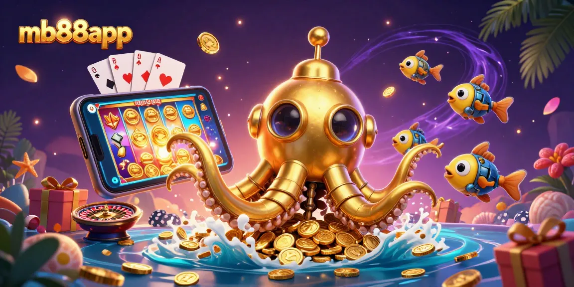 Spin and win with mb88app as a golden kraken submarine surfaces through coins, showcasing vibrant slot games.