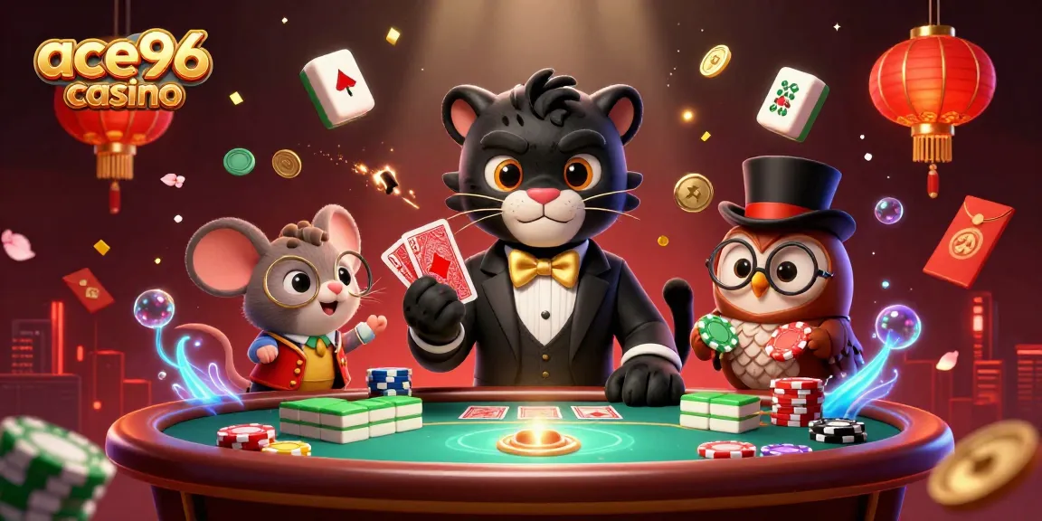 Experience exciting games at ace96 casino with a stylish black panther dealing cards amidst vibrant casino elements.