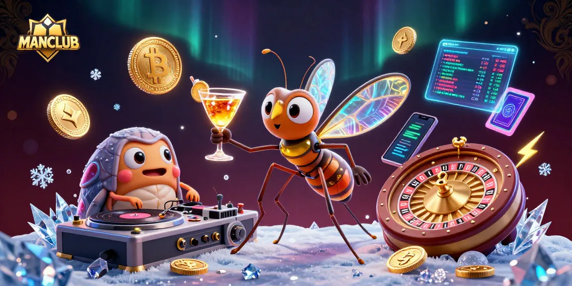 Experience the thrill of MANCLUB in a vibrant 3D casino scene featuring unique characters and crypto elements.