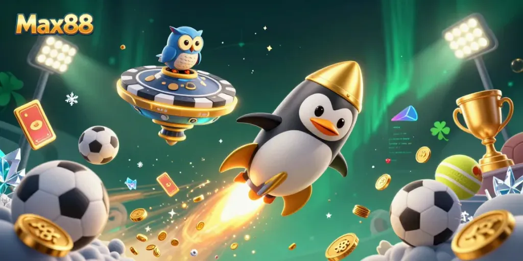 Experience Max88's exhilarating casino adventure with a golden penguin and dynamic sports animation.