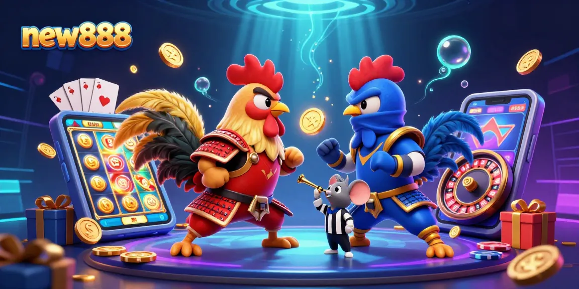 Experience the thrill of new888 with vibrant casino elements featuring epic rooster duel.