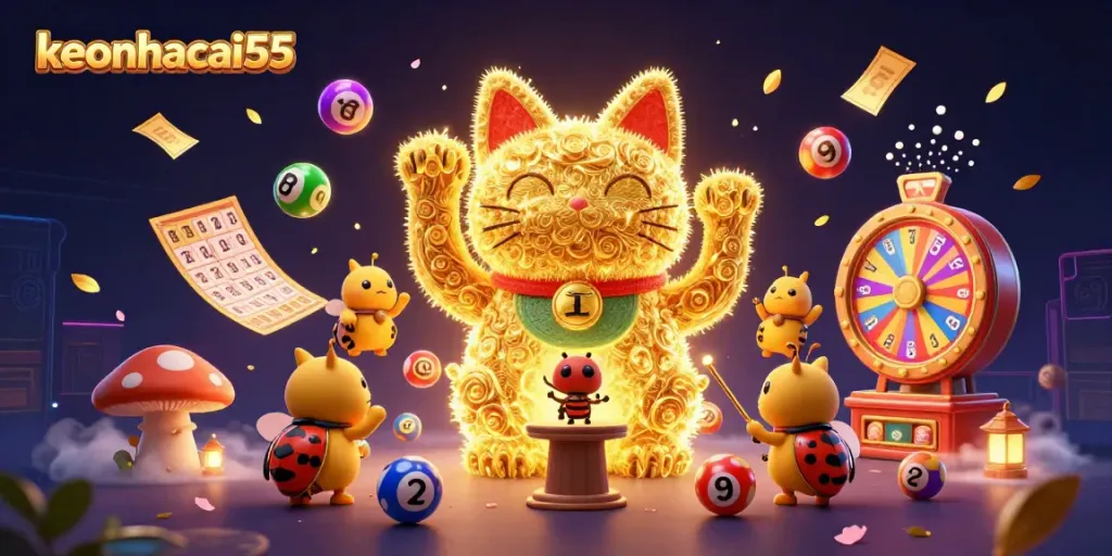 Experience the excitement of keonhacai55 with a vibrant casino-themed 3D illustration featuring lottery elements.