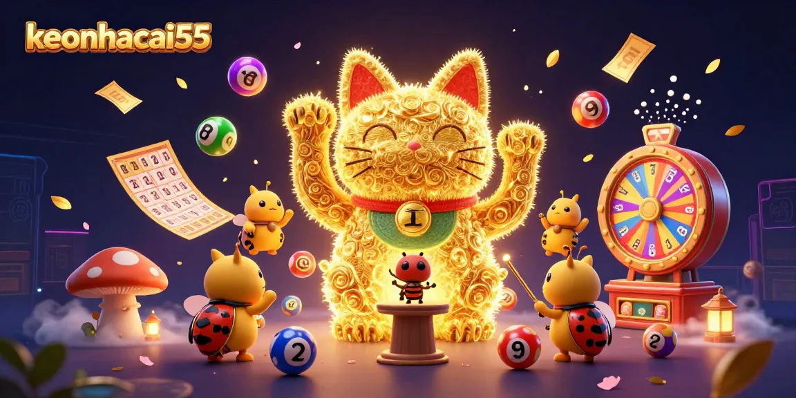 Experience the excitement of keonhacai55 with a vibrant casino-themed 3D illustration featuring lottery elements.