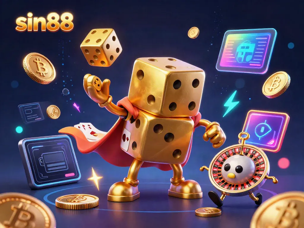 Engage with sin88's gaming environment featuring a lively golden dice golem and cryptocurrency elements.