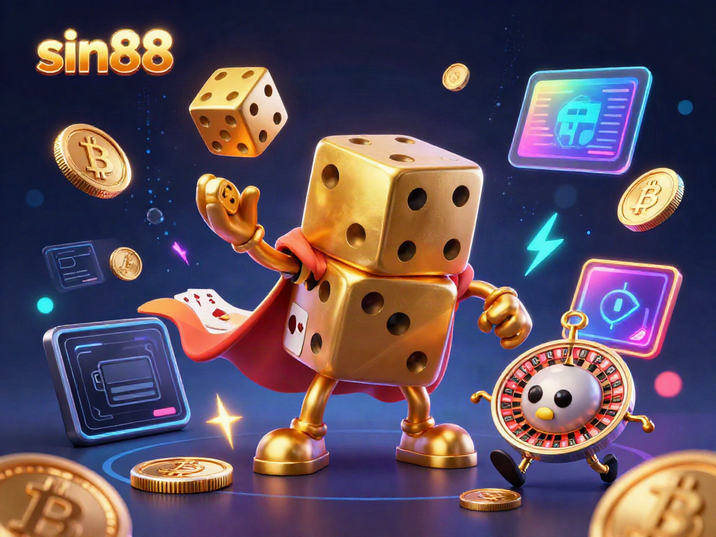 Engage with sin88's gaming environment featuring a lively golden dice golem and cryptocurrency elements.