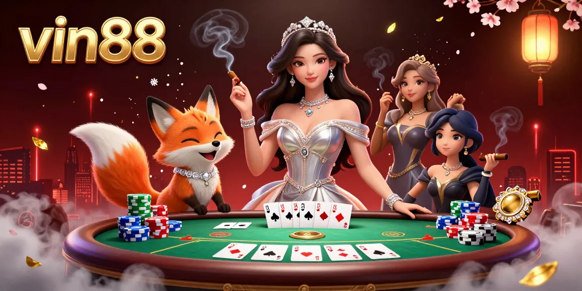 Engage in thrilling gameplay at vin88 with vibrant poker tables and colorful chips surrounding elegant characters.