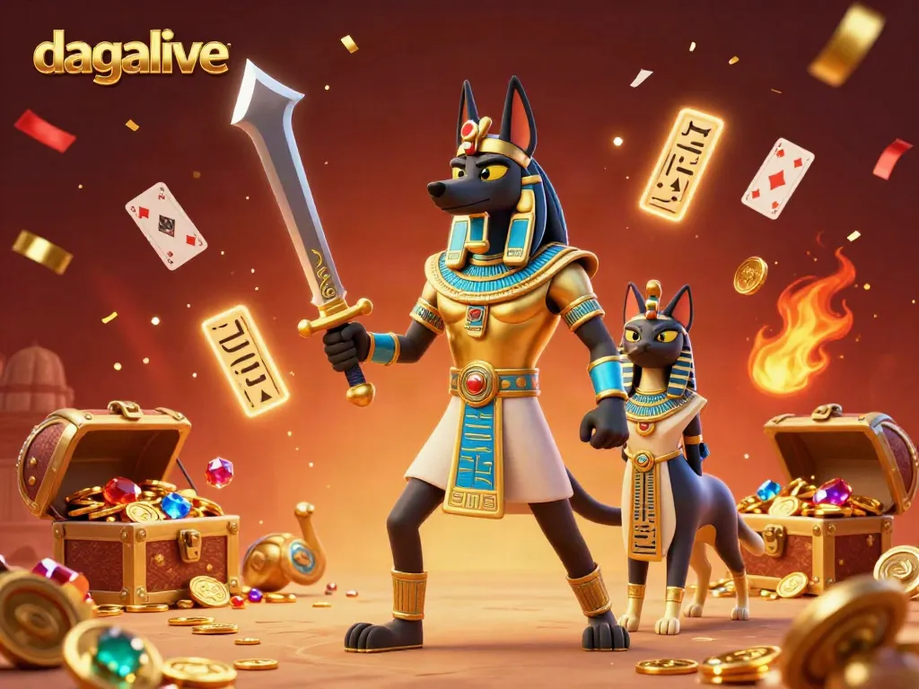 DAGALIVE showcases live cockfighting action with Anubis and Bastet in a vibrant, immersive 3D scene.