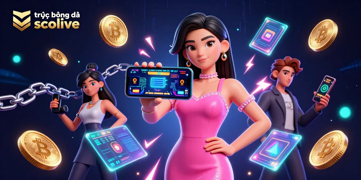 Bet on trực tiếp bóng đá socolive with vibrant visuals, showcasing a confident woman holding a smartphone.