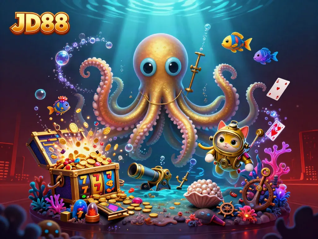 JD88 brings thrill with a 3D kraken and diving cat amidst vibrant casino elements.