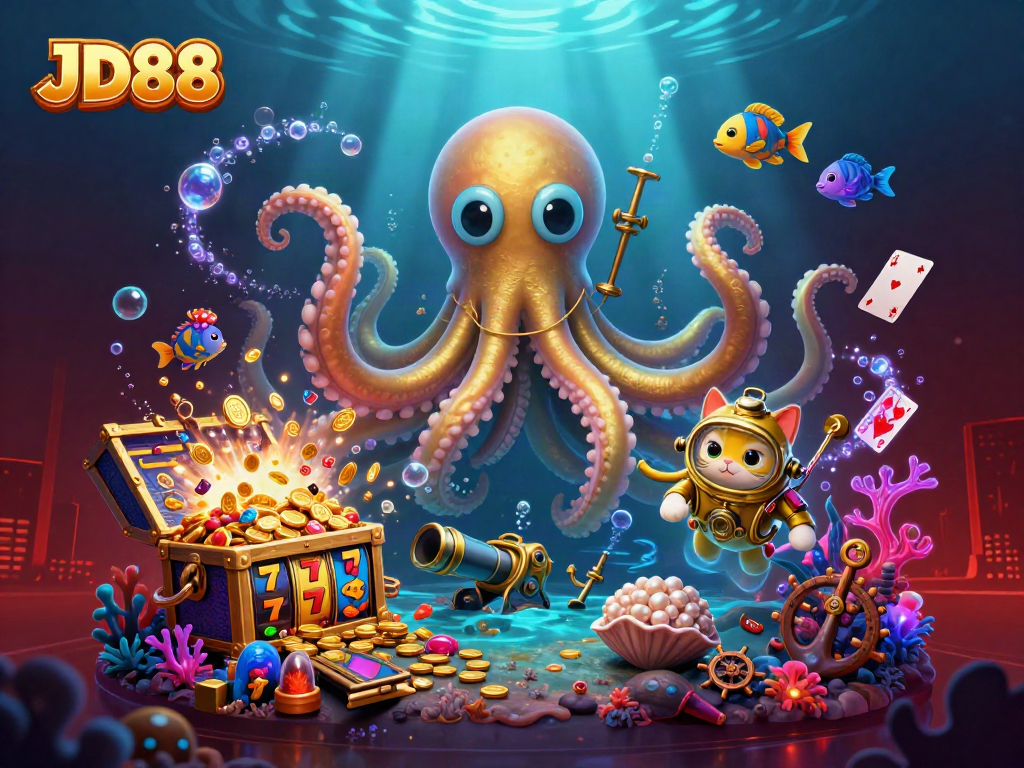JD88 brings thrill with a 3D kraken and diving cat amidst vibrant casino elements.