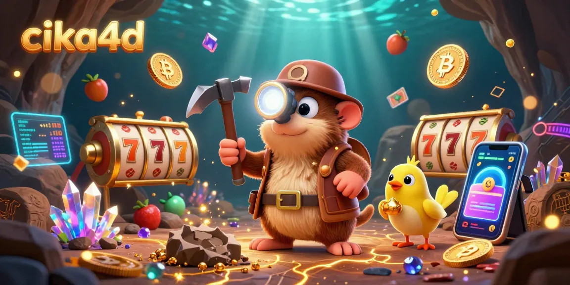 Engage with cika4d's vibrant gambling scene, featuring a treasure hunter mole and gold-filled cave elements.