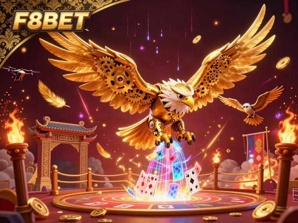 Experience the thrill of F8BET gaming with vivid visuals of a cybernetic eagle and soundtracked adventure.
