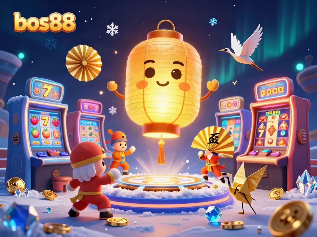 Join the excitement at bos88 with a vibrant casino scene featuring lucky symbols, slot machines, and golden lantern spirit.