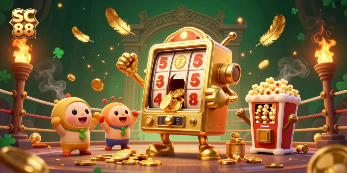 Experience the excitement of SC 88 with a golden slot machine celebrating its jackpot amid cheering companions.