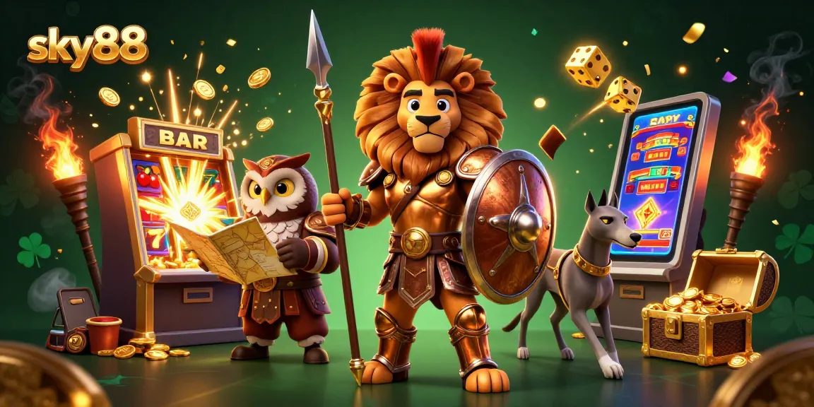 Experience the thrill of sky88 as a Spartan lion and friends celebrate a jackpot explosion in this dynamic casino scene.