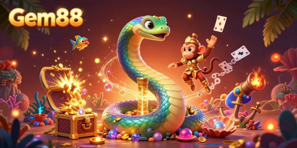 Experience the vibrant energy of gem88 with a colorful carnival scene filled with treasures and playful characters.