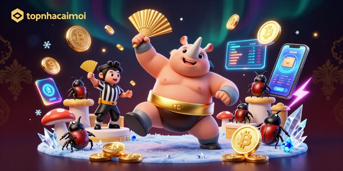 topnhacaimoi features a lively casino scene with animated characters celebrating crypto wins.