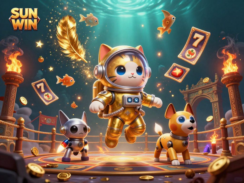 Engage in the thrilling universe of SUN WIN with this dynamic casino illustration featuring a golden astronaut cat.