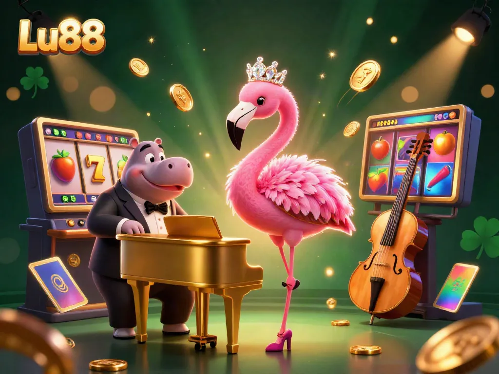 Experience Lu88 with vibrant slot game excitement, featuring a flamingo singer and hippo bassist.